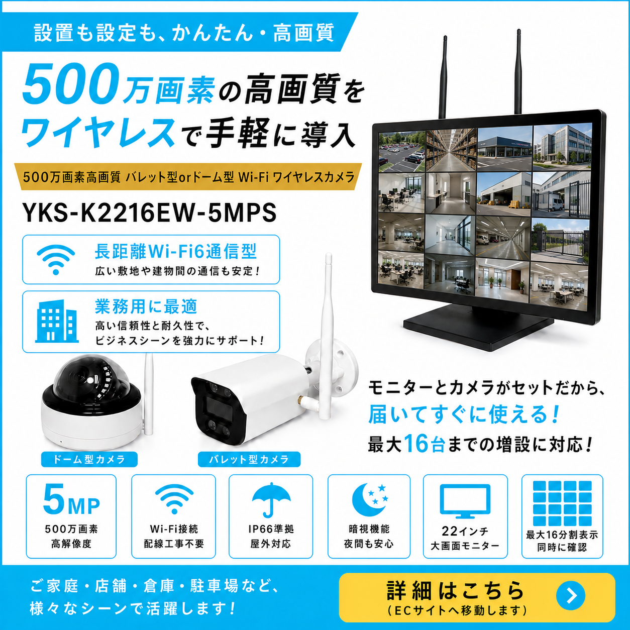 長距離Wi-Fi6通信型500万画素ワイヤレスネットワークカメラ・22インチ液晶モニター一体型NVRセット